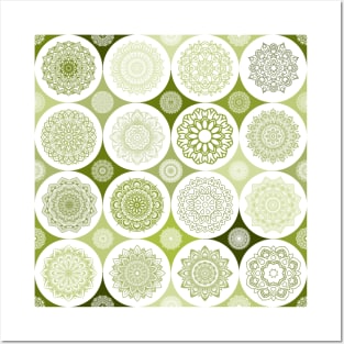 repeating pattern with mandala drawings in circles green color Posters and Art